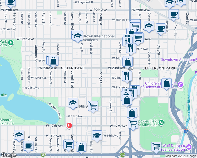 map of restaurants, bars, coffee shops, grocery stores, and more near 2201 Irving Street in Denver