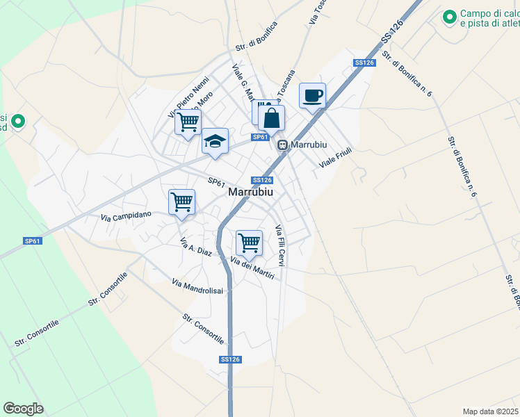 map of restaurants, bars, coffee shops, grocery stores, and more near 56 Via Tirso in Marrubiu