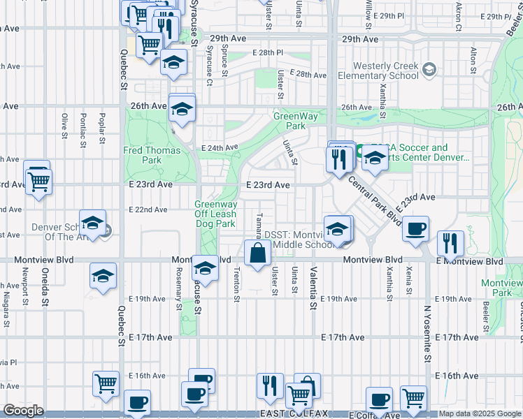 map of restaurants, bars, coffee shops, grocery stores, and more near 2234 Tamarac Street in Denver