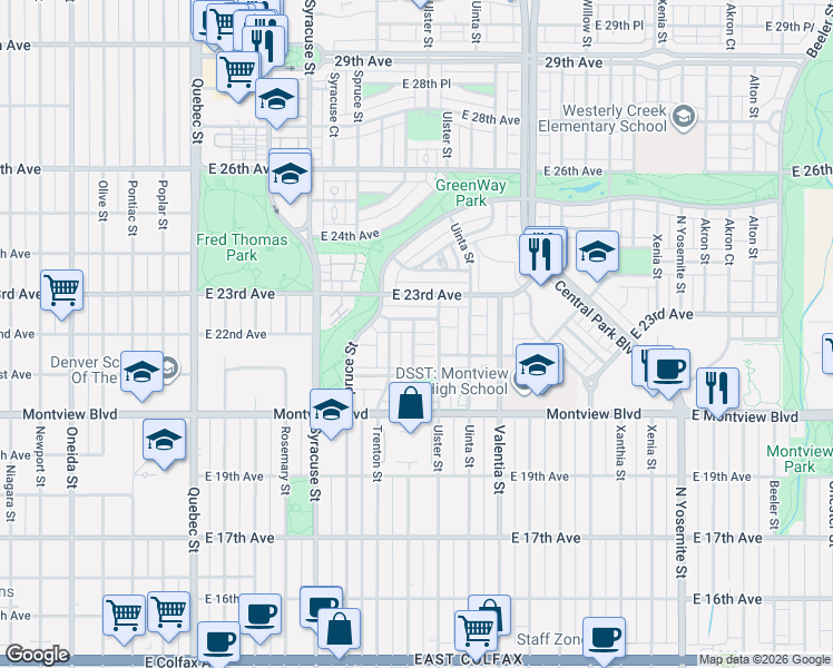 map of restaurants, bars, coffee shops, grocery stores, and more near 2240 Tamarac Street in Denver