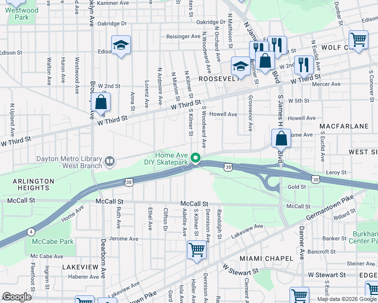 map of restaurants, bars, coffee shops, grocery stores, and more near 215 South Kilmer Street in Dayton