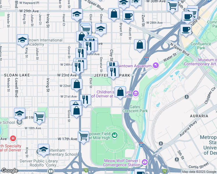 map of restaurants, bars, coffee shops, grocery stores, and more near 2718 West 22nd Avenue in Denver