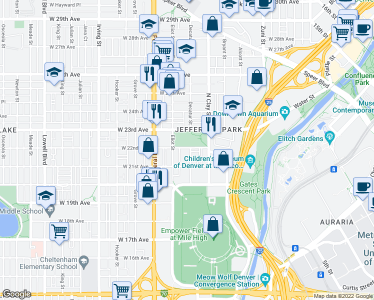 map of restaurants, bars, coffee shops, grocery stores, and more near 2195 Decatur Street in Denver