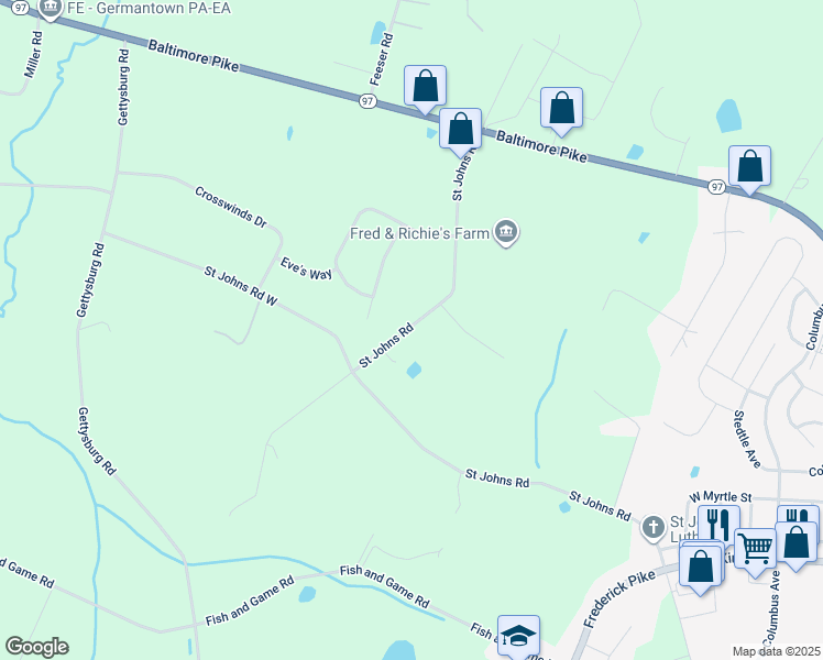 map of restaurants, bars, coffee shops, grocery stores, and more near 238 Saint Johns Road in Littlestown