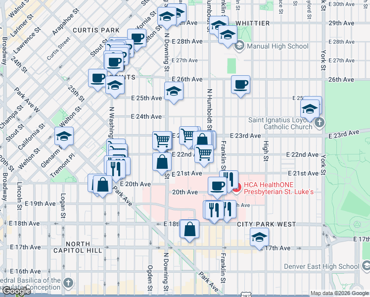 map of restaurants, bars, coffee shops, grocery stores, and more near 2222 North Marion Street in Denver