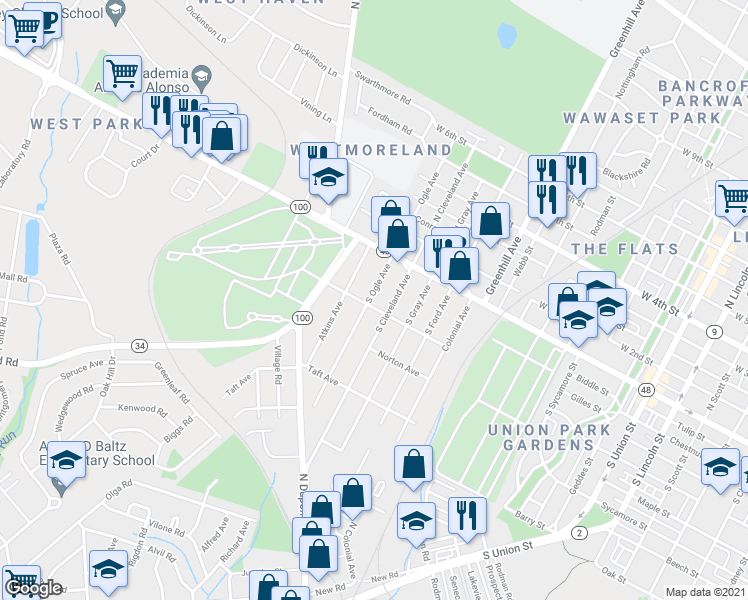 map of restaurants, bars, coffee shops, grocery stores, and more near 36 South Ogle Avenue in Wilmington