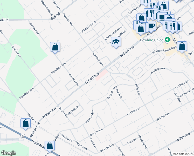 map of restaurants, bars, coffee shops, grocery stores, and more near 643 West East Avenue in Chico