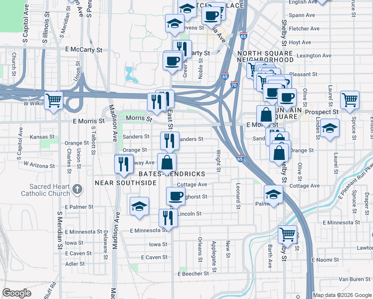map of restaurants, bars, coffee shops, grocery stores, and more near 618 Orange Street in Indianapolis