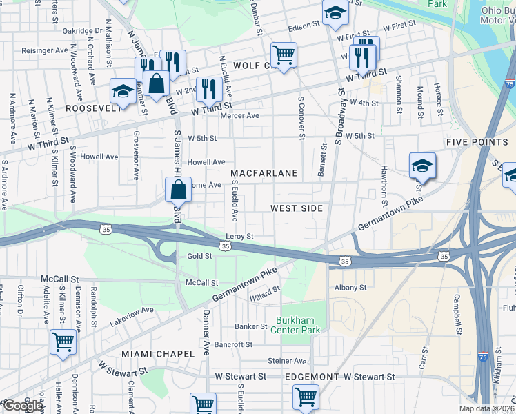 map of restaurants, bars, coffee shops, grocery stores, and more near 225 Boyer Street in Dayton