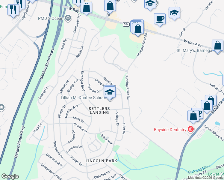map of restaurants, bars, coffee shops, grocery stores, and more near 32 Compass Lane in Barnegat Township