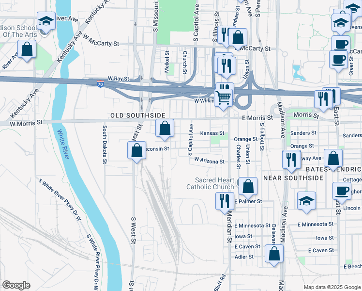map of restaurants, bars, coffee shops, grocery stores, and more near 222 Wisconsin Street in Indianapolis