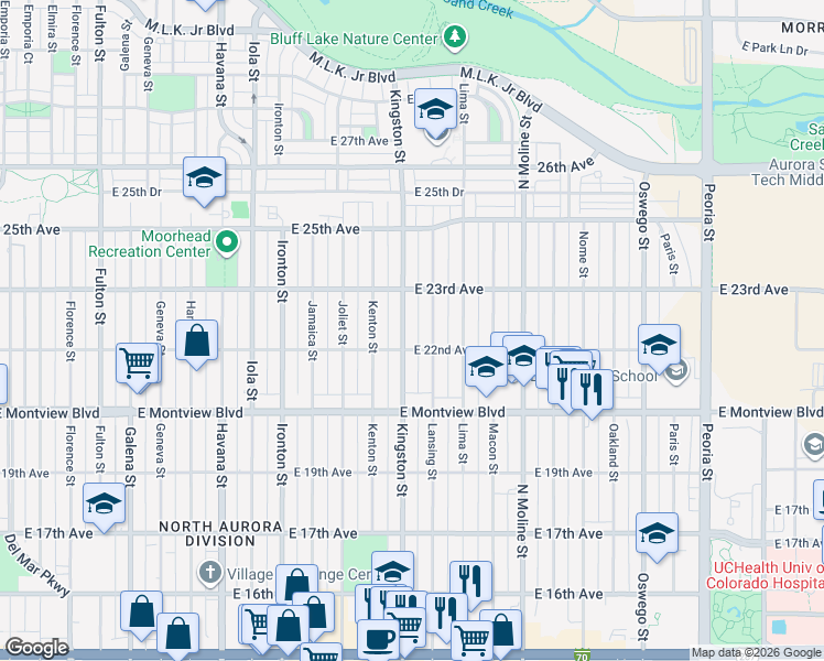 map of restaurants, bars, coffee shops, grocery stores, and more near 2225 Kingston Street in Aurora
