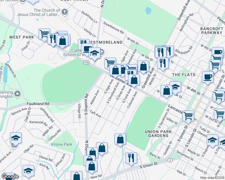 map of restaurants, bars, coffee shops, grocery stores, and more near 36 South Ogle Avenue in Wilmington