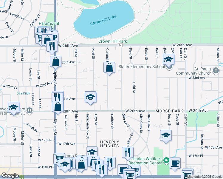 map of restaurants, bars, coffee shops, grocery stores, and more near 2140 Garland Street in Lakewood