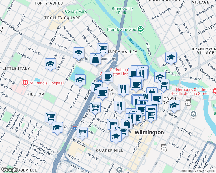 map of restaurants, bars, coffee shops, grocery stores, and more near 802 Delaware Avenue in Wilmington