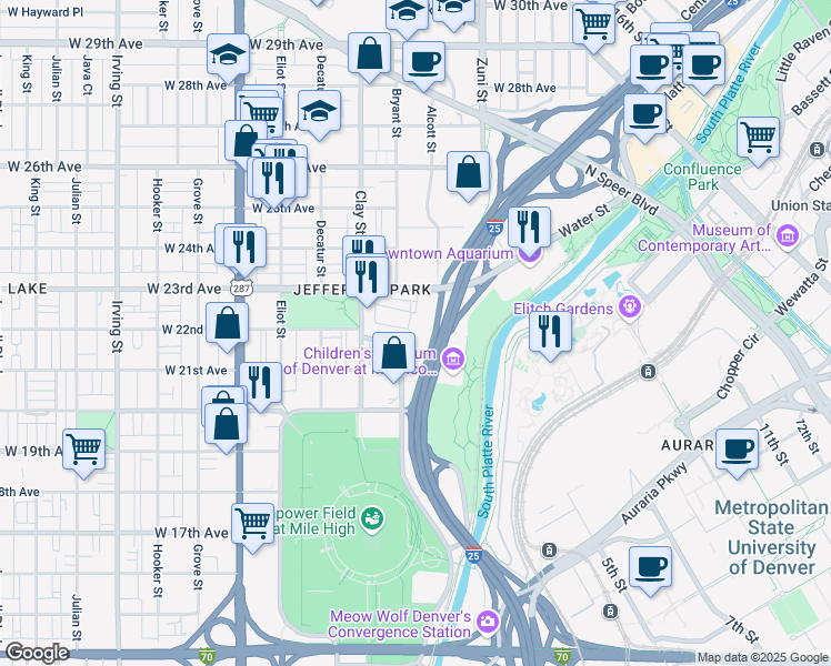 map of restaurants, bars, coffee shops, grocery stores, and more near 2190 Bryant Street in Denver