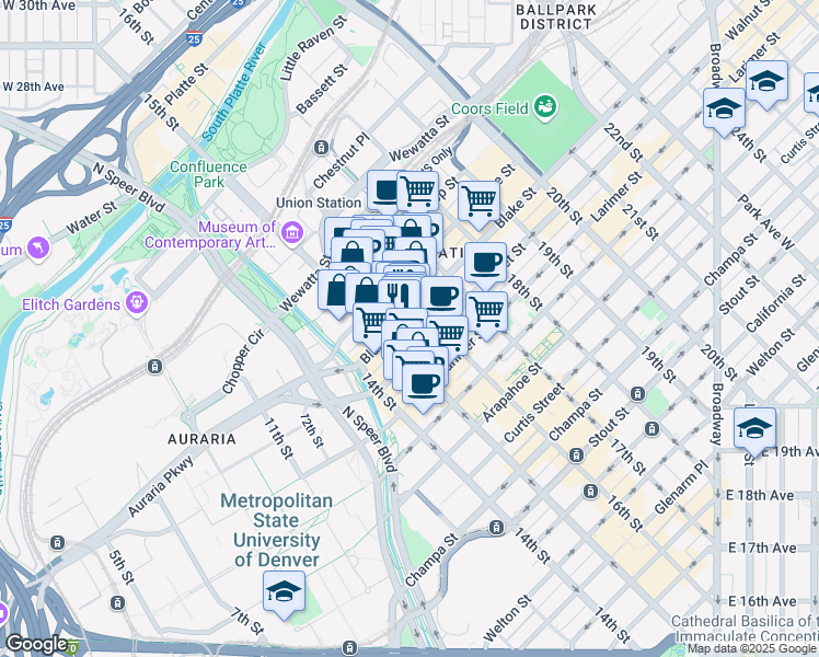 map of restaurants, bars, coffee shops, grocery stores, and more near in Denver
