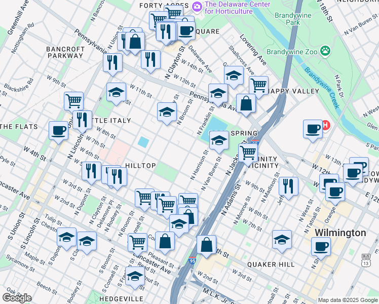 map of restaurants, bars, coffee shops, grocery stores, and more near 1298 West 9th Street in Wilmington