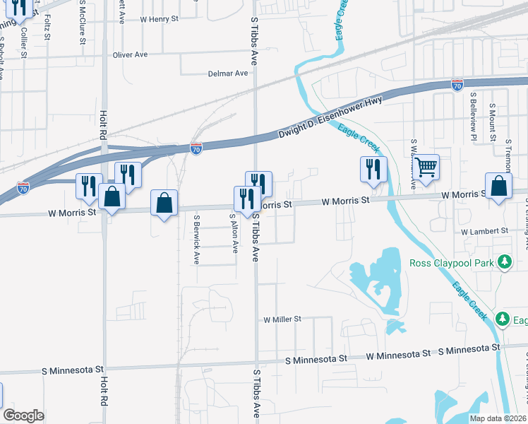 map of restaurants, bars, coffee shops, grocery stores, and more near 3355 West Morris Street in Indianapolis