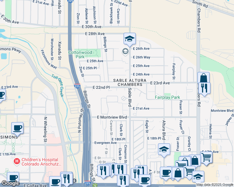 map of restaurants, bars, coffee shops, grocery stores, and more near 14322 East 22nd Place in Aurora