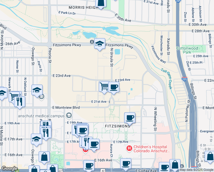 map of restaurants, bars, coffee shops, grocery stores, and more near 2201 North Ursula Street in Aurora