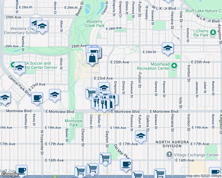 map of restaurants, bars, coffee shops, grocery stores, and more near 2232 Emporia Street in Aurora