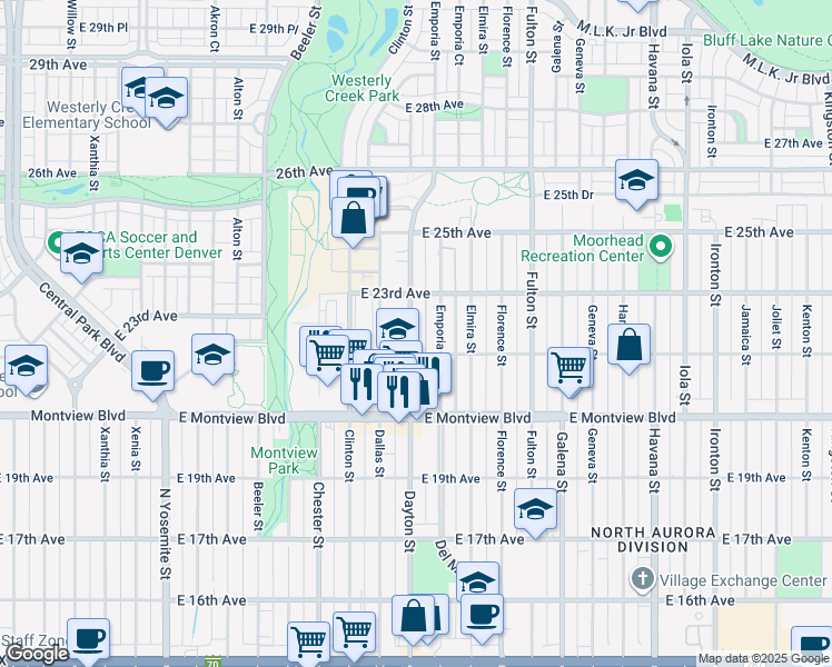 map of restaurants, bars, coffee shops, grocery stores, and more near 2201 Dayton Street in Aurora