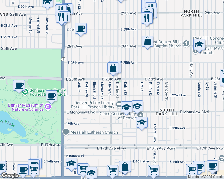 map of restaurants, bars, coffee shops, grocery stores, and more near 2237 Cherry Street in Denver