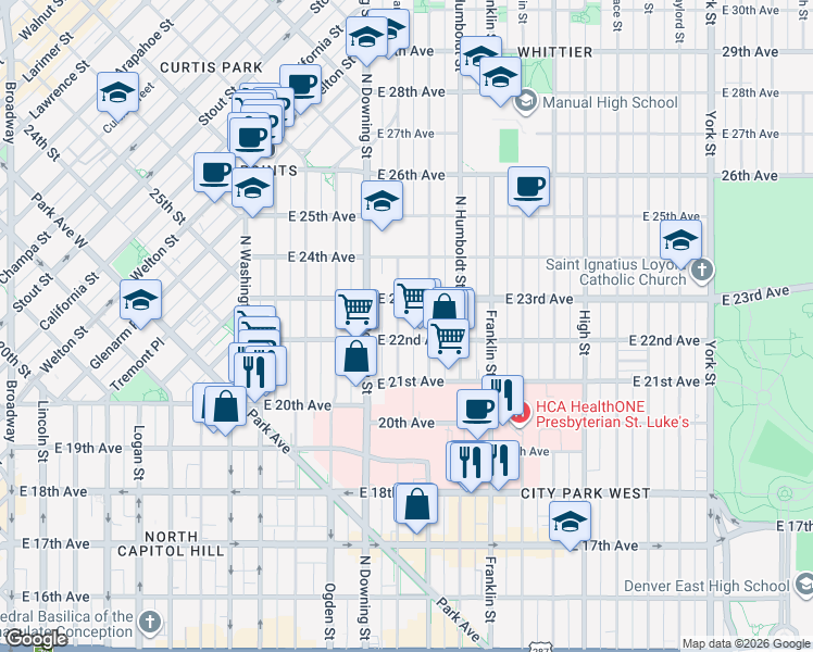 map of restaurants, bars, coffee shops, grocery stores, and more near 2222 North Marion Street in Denver