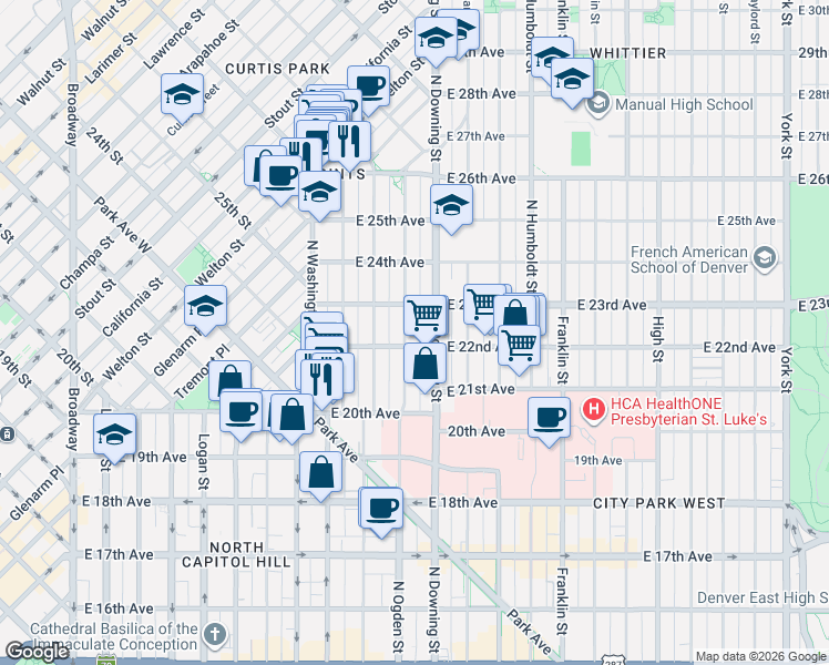 map of restaurants, bars, coffee shops, grocery stores, and more near 2225 North Ogden Street in Denver