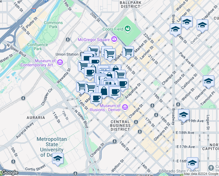 map of restaurants, bars, coffee shops, grocery stores, and more near 1645 Larimer Street in Denver