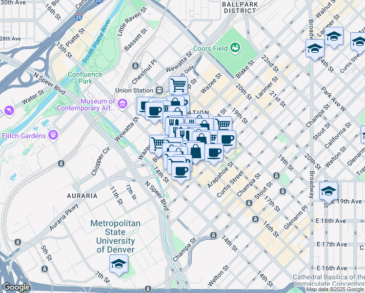 map of restaurants, bars, coffee shops, grocery stores, and more near 1625 Market Street in Denver