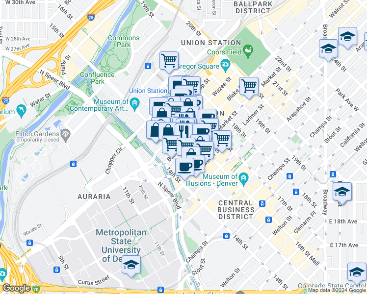 map of restaurants, bars, coffee shops, grocery stores, and more near in Denver