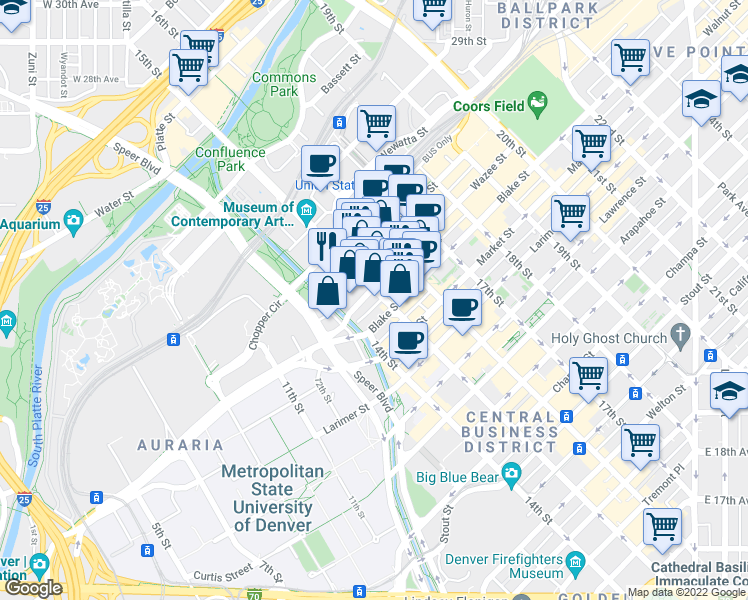 map of restaurants, bars, coffee shops, grocery stores, and more near 1450 Wazee Street in Denver