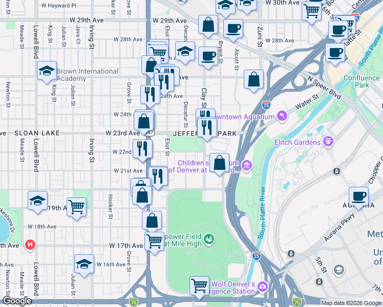 map of restaurants, bars, coffee shops, grocery stores, and more near 2718 West 22nd Avenue in Denver