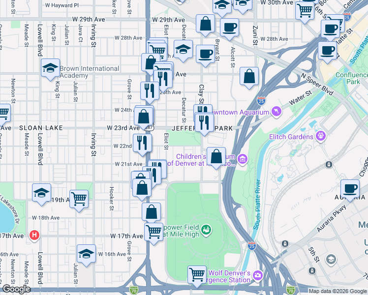 map of restaurants, bars, coffee shops, grocery stores, and more near 2195 Decatur Street in Denver