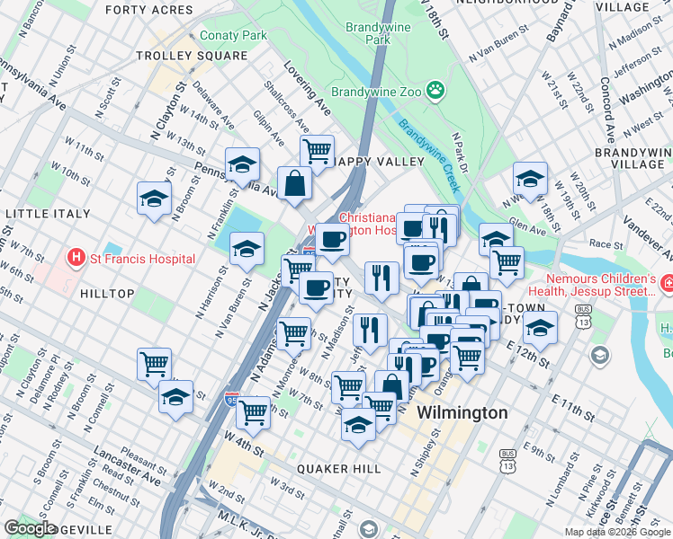 map of restaurants, bars, coffee shops, grocery stores, and more near 1104 North Adams Street in Wilmington