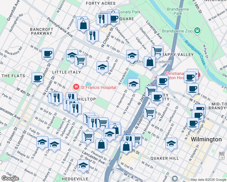 map of restaurants, bars, coffee shops, grocery stores, and more near 904 North Franklin Street in Wilmington
