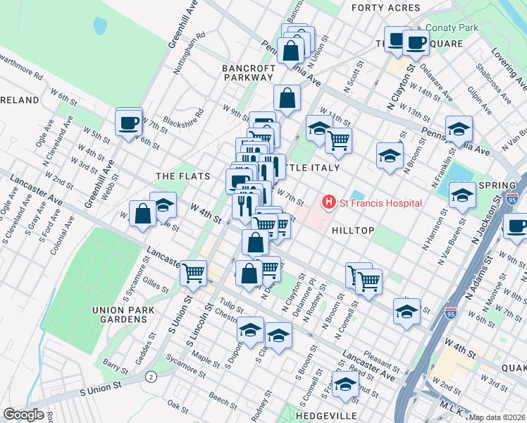 map of restaurants, bars, coffee shops, grocery stores, and more near 603 North Lincoln Street in Wilmington