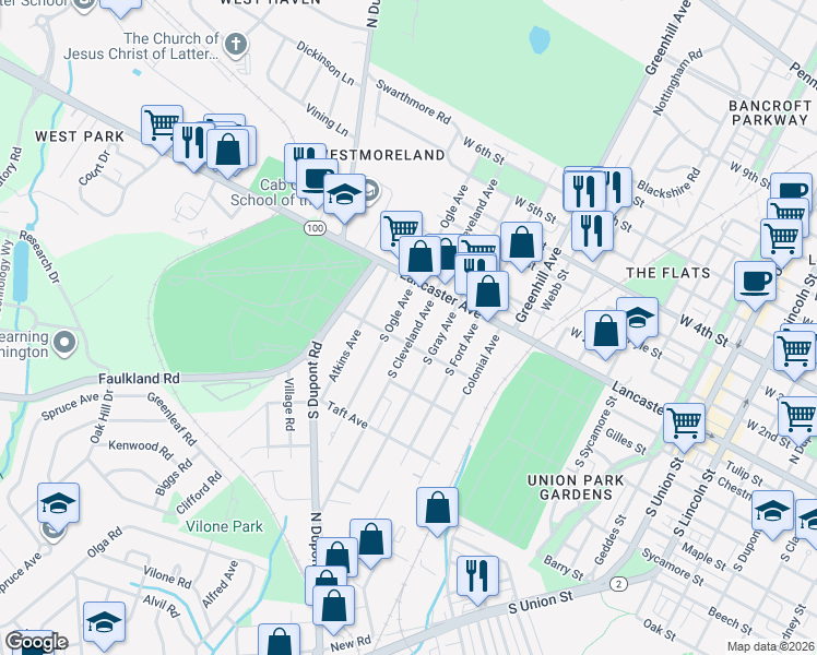 map of restaurants, bars, coffee shops, grocery stores, and more near 36 South Ogle Avenue in Wilmington