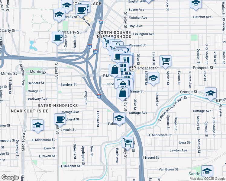 map of restaurants, bars, coffee shops, grocery stores, and more near 1248 Ringgold Avenue in Indianapolis