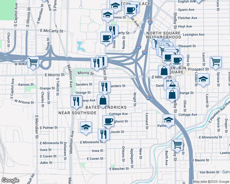 map of restaurants, bars, coffee shops, grocery stores, and more near 618 Orange Street in Indianapolis