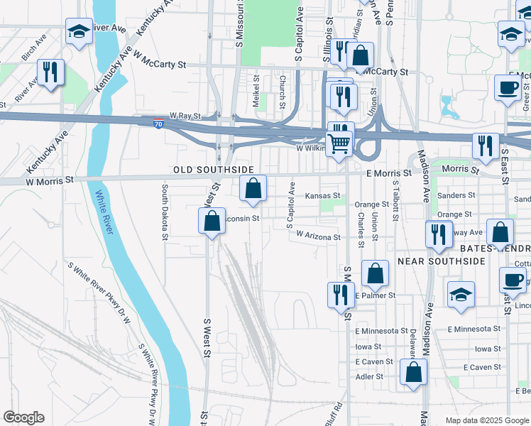 map of restaurants, bars, coffee shops, grocery stores, and more near 1280 South Senate Avenue in Indianapolis