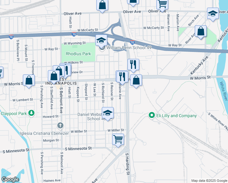 map of restaurants, bars, coffee shops, grocery stores, and more near 1240 South Reisner Street in Indianapolis