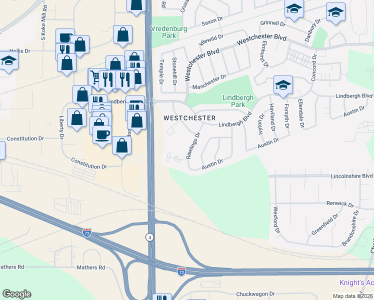 map of restaurants, bars, coffee shops, grocery stores, and more near 3325 Rawlings Drive in Springfield