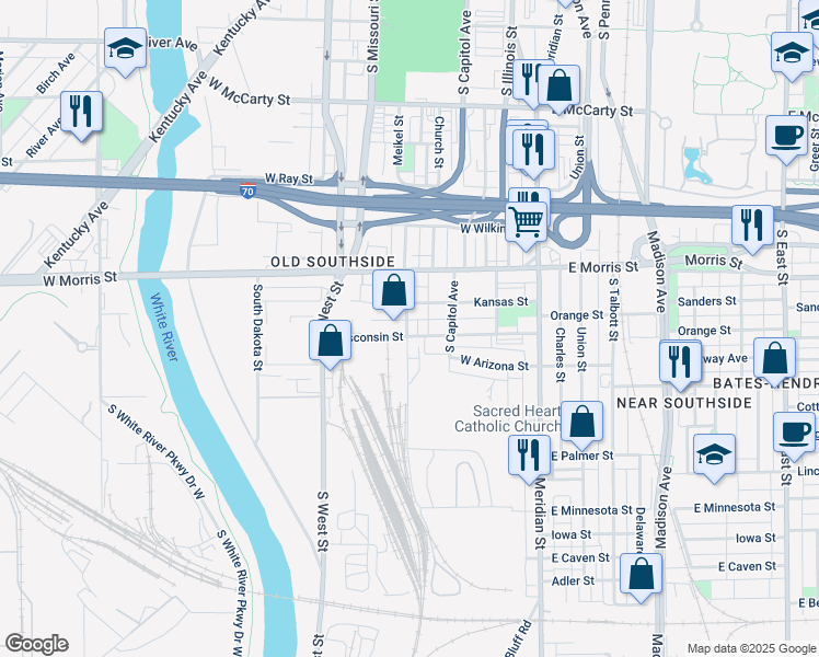 map of restaurants, bars, coffee shops, grocery stores, and more near 1315 South Senate Avenue in Indianapolis