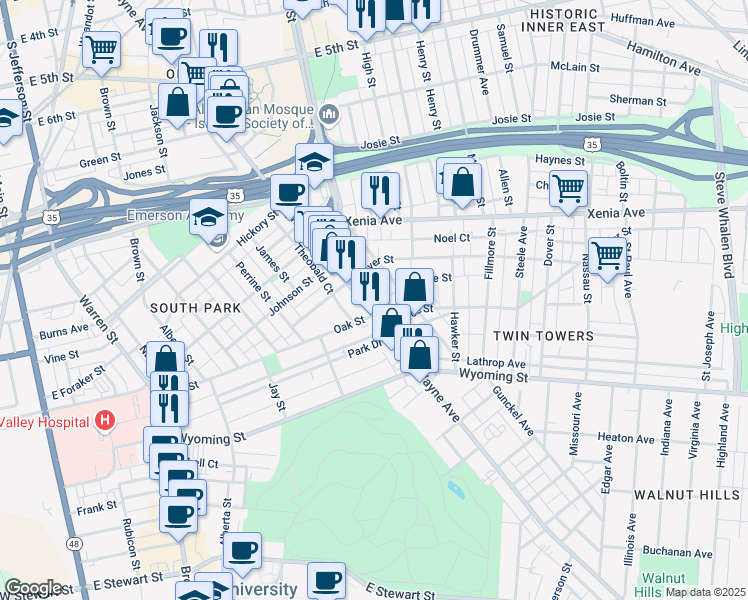 map of restaurants, bars, coffee shops, grocery stores, and more near 1236 Wayne Ave in Dayton