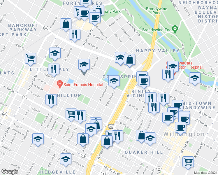 map of restaurants, bars, coffee shops, grocery stores, and more near 1106 W 10th St in Wilmington