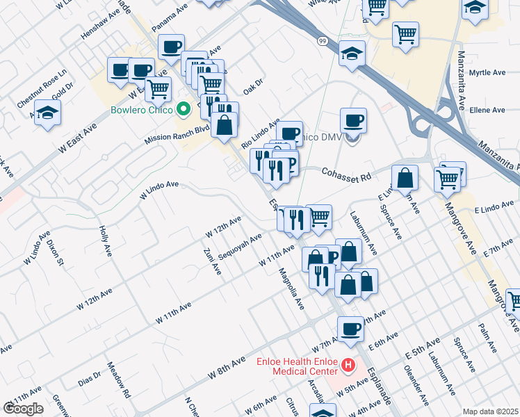 map of restaurants, bars, coffee shops, grocery stores, and more near 2185 Esplanade in Chico