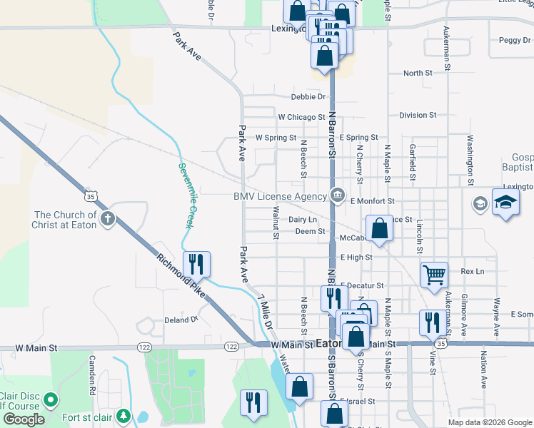 map of restaurants, bars, coffee shops, grocery stores, and more near 311 Hubble Street in Eaton